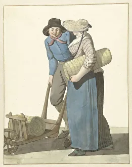 Wheelbarrow Prints: Woman next to a man with a wheelbarrow, 1700-1800. Creator: W. Barthautz