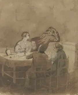 Candlelight Prints: Woman with three men at a table by candlelight. Creator: Unknown