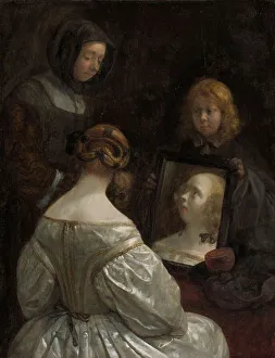Geesie Ter Burch Prints: Woman at a Mirror, c.1652. Creator: Gerard Terborch II