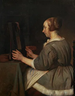 Gabriel Mitzu Prints: Woman in the mirror, c.1662. Creator: Gabriel Metsu