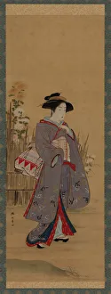 Woman near a fenced-off flowering garden, late 18th century. Creator: Shunsho Woman near a fenced-off flowering garden, late 18th century. Creator: Shunsho