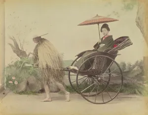 Mino Prints: Woman with Parasol Posed Being Pulled in a Jinrikisha by a Man Wearing a Straw Rain Coat