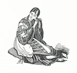 Plait Prints: Woman plaiting her hair, 1839. Creator: Unknown
