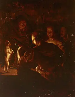 Candlelight Prints: Woman Playing the Guitar and a Small Dog Dancing