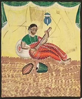 Kalighat Painting Gallery: Woman Playing Music, 1800s. Creator: Unknown