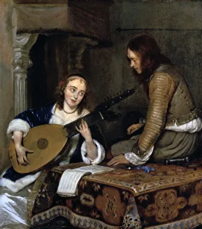 Cherishing Prints: A Woman Playing the Theorbo-Lute and a Cavalier, c1658. Artist: Gerard Terborch II