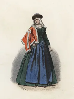 Woman of a Polish affluent from Krakow, in the modern age, color engraving 1870 Woman of a Polish affluent from Krakow, in the modern age, color engraving 1870