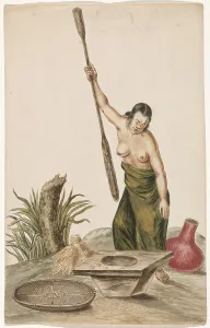 Sieve Prints: Woman pounding rice in a pestle and mortar, 1675-c.1725. Creator: Anon