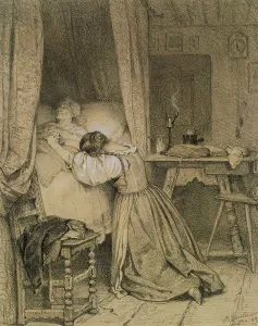 Bedside Prints: Woman Praying at a Deathbed, 1864. Creator: Benjamin Vautier