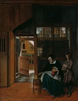 Maternity Gallery: A Woman Preparing Bread and Butter for a Boy, c. 1660. Artist: Hooch, Pieter, de