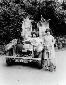 A woman and her prize winning Ballot car, Bournemouth, Dorset, 1928