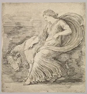 Leash Prints: A woman in profile pulling back on a rope tied around the horns of a young bull, ca. 1660