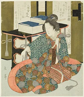 Teal Prints: A Woman Pulling the Cord of a Wheeled Book Case