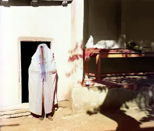 Ethnographic Prints: Woman in purdah, standing in front of doowrway