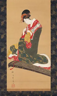 Toyohiro Utagawa Prints: Woman Putting on Finger Plectrums to Play the Koto