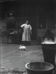 Woman and rabbit in a courtyard, New Orleans, between 1920 and 1926. Creator: Arnold Genthe