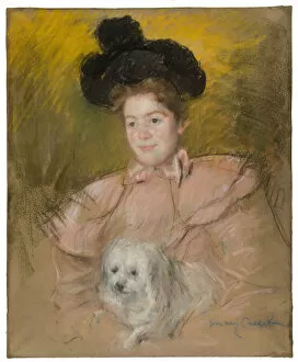 Woman in Raspberry Costume Holding a Dog, c. 1901. Creator: Mary Cassatt