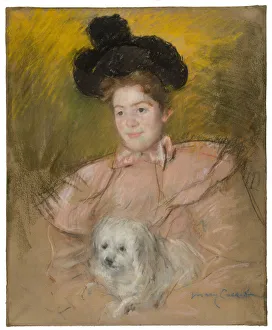 Mary Stevenson Cassatt Prints: Woman in Raspberry Costume Holding a Dog, c. 1901. Creator: Mary Cassatt
