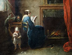 Lit Fire Prints: Woman Reading in front of a Fireplace, 1735. Creator: Pierre Parrocel