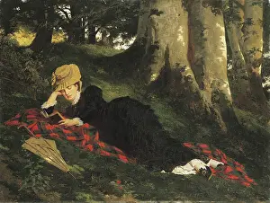 Reading Woman Prints: Woman Reading in a Forest, 1875. Creator: Benczur, Gyula (1844-1920)