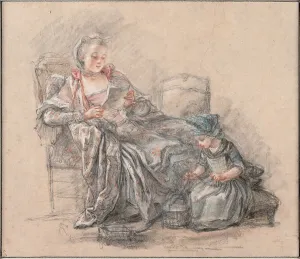 World History Prints: Woman Reading and a Girl Playing (Marquise de Pompadour with her daughter Alexandrine)