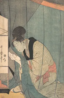 Mosquito Net Prints: Woman Reading a Letter under a Mosquito Net, ca. 1798. Creator: Kitagawa Utamaro
