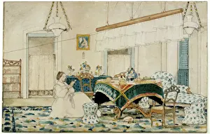 Dining Room Prints: A woman reading under a punkah, 1863. Creator: Unknown