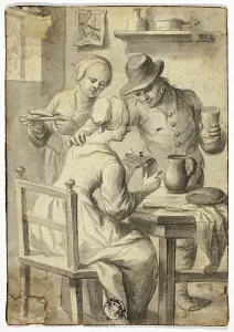 Hand On Shoulder Prints: Woman Reading at Table While Man and Woman Listen In, n.d. Creator: Egbert van Heemskerk