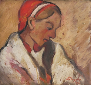 Palugyay Zolo Prints: Woman in a red bonnet, 1931. Creator: Zolo Palugyay