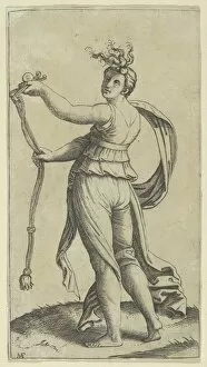 A woman representing Temperance holding a bit facing left, ca. 1510-27. Creator: Marcantonio Raimondi