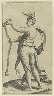 Temperance Prints: A woman representing Temperance holding a bit facing left