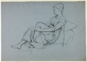 Marks Henry Stacey Prints: Woman Resting Against Pillows Clasping Her Knee, n. d. Creator: Henry Stacy Marks