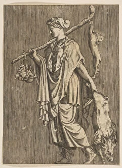 Woman returning from a hunt carrying a boar in her left hand and a stick on her r... ca