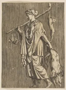 Dente Marco Prints: Woman returning from a hunt carrying a boar in her left hand and a stick on her r... ca