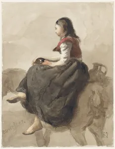 Side Saddle Prints: Woman riding side-saddle on a horse with two jugs