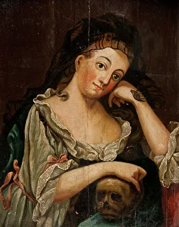 Faraway Look Prints: Woman in rococo costume, unknown date. Creator: Unknown