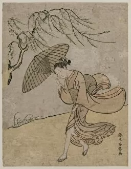 Suzuki Harunobu Collection: Woman Running Past a Willow Tree in a Breeze, 1766 or 1767. Creator: Suzuki Harunobu (Japanese)