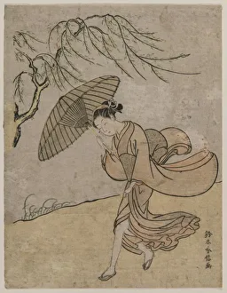 Woman Running Past a Willow Tree in a Breeze, 1766 or 1767. Creator: Suzuki Harunobu (Japanese