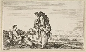 A woman seated to left holding a child, facing right in profile