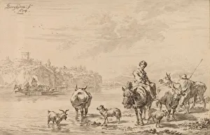 Nicolaes Berghem Prints: Woman Seated on a Mule, 1769. Creator: Johannes Kornlein