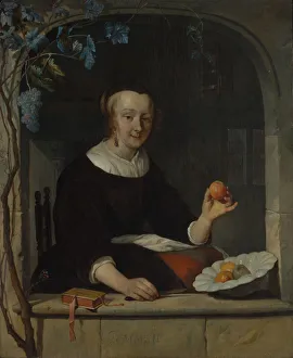 Windowsill Prints: A Woman Seated at a Window, early 1660s. Creator: Gabriel Metsu