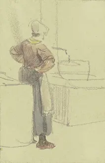 Waiting Prints: A woman, seen from behind with her hands on her hips