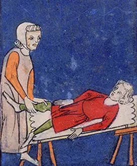 Broken Prints: A woman setting a bone in a boy's leg
