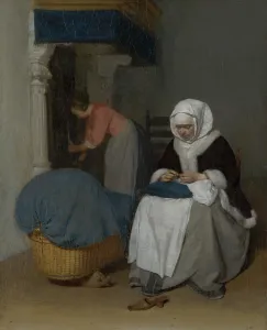 Cradle Prints: Woman Sewing beside a Cradle. Creator: Gerard Terborch II