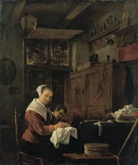 Woman at Her Sewing Table, c1655. Creator: Thomas Wijck