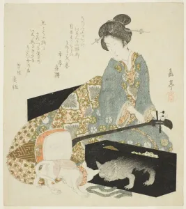 Nanzan Prints: Woman with Shamisen and Cat, c. 1820s. Creator: Gakutei