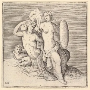 Veneziano Prints: Woman with Shield Seated on Seamonster, published ca. 1599-1622. Creator: Unknown