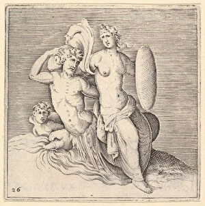 Battista Franco Gallery: Woman with Shield Seated on Seamonster, published ca. 1599-1622. Creator: Unknown
