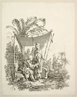Chez Huquier Gallery: Woman Showing Curiosities to Soldier, ca. 1742. Creator: Gabriel Huquier