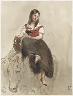 Woman sitting on a horse with jug, 1841-1857. Creator: Johan Daniel Koelman